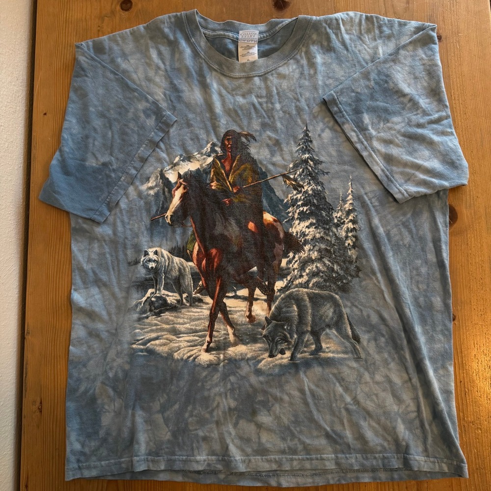 Vintage Native American Warrior Wolf Horse Graphic Tie Dye Shirt Blue XL